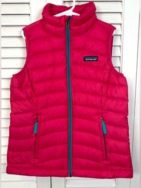 Patagonia Kids Bright Pink Puffer Vest with Teal Trim